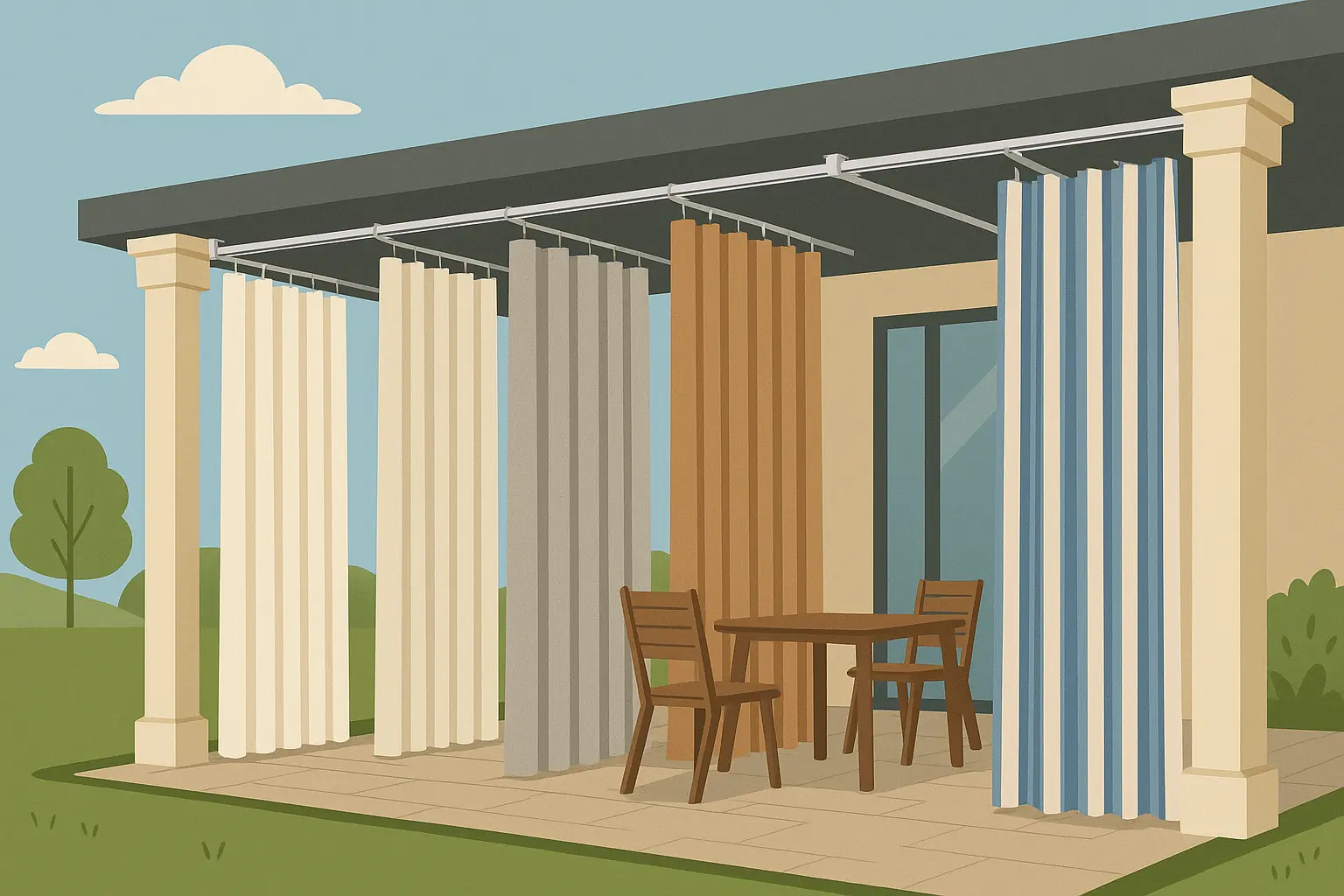Outdoor curtains on track system for temporary patio enclosure