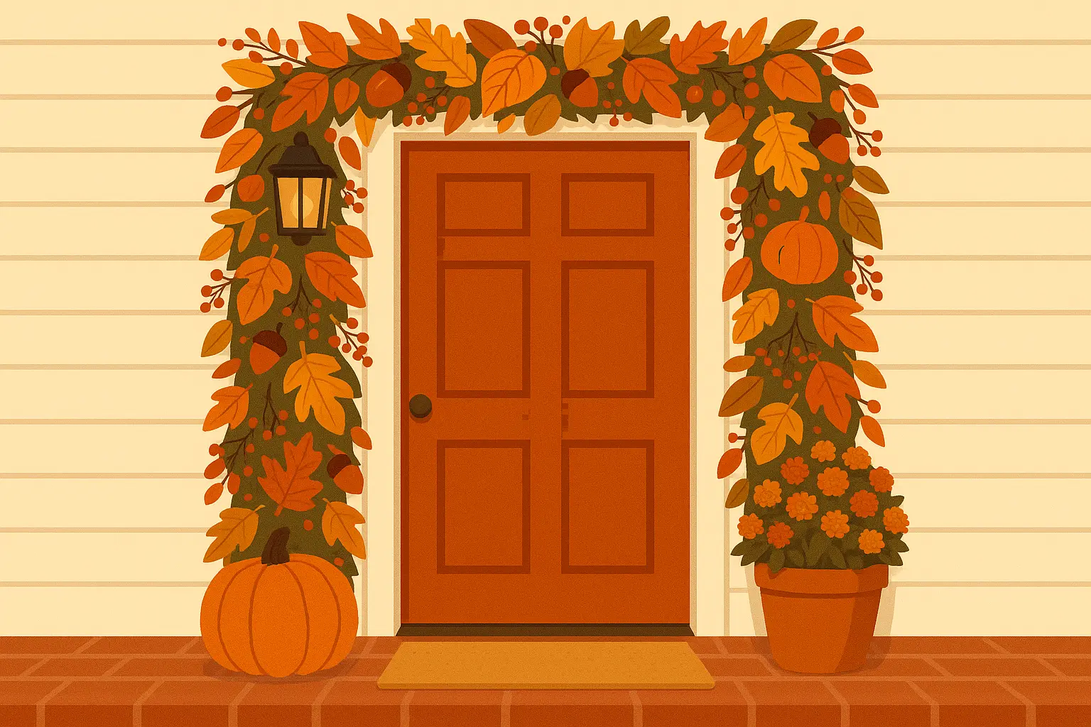 Doorway framed with fall garland featuring leaves, berries, and seasonal elements