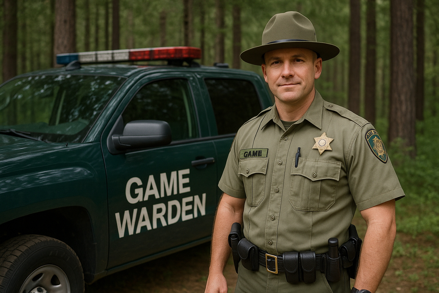 Professional game warden with patrol vehicle