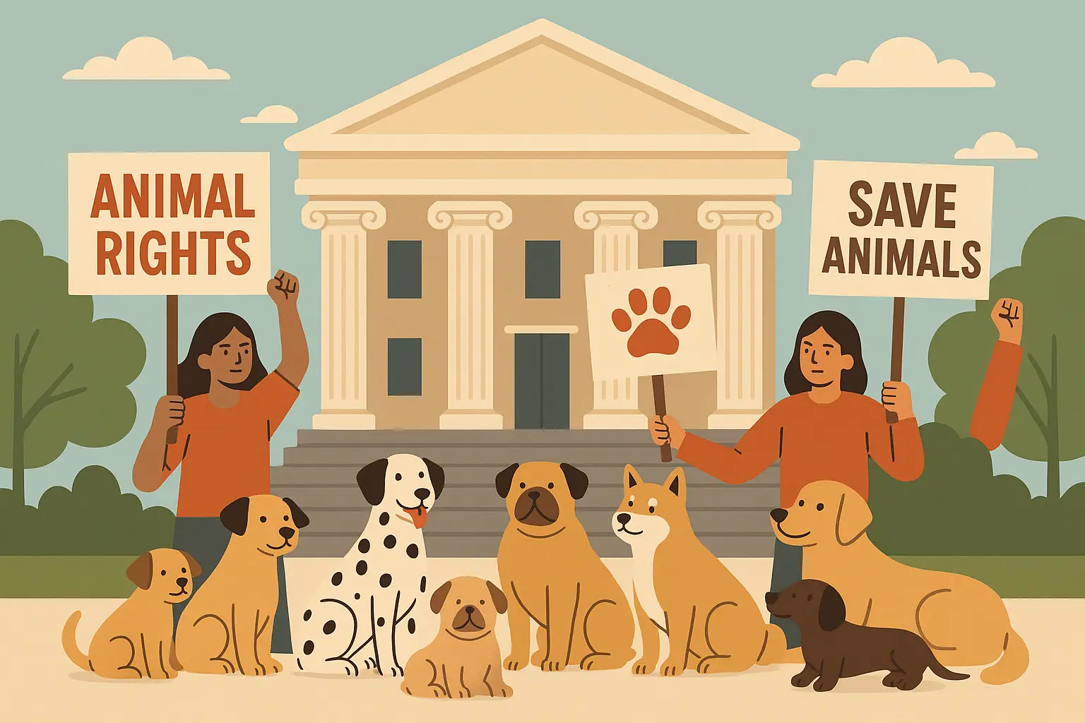 Dog in courtroom with legal documents