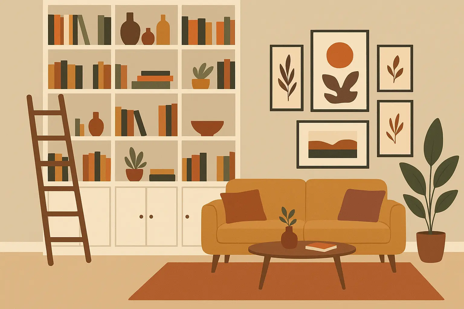 Floor-to-ceiling shelving in small living room