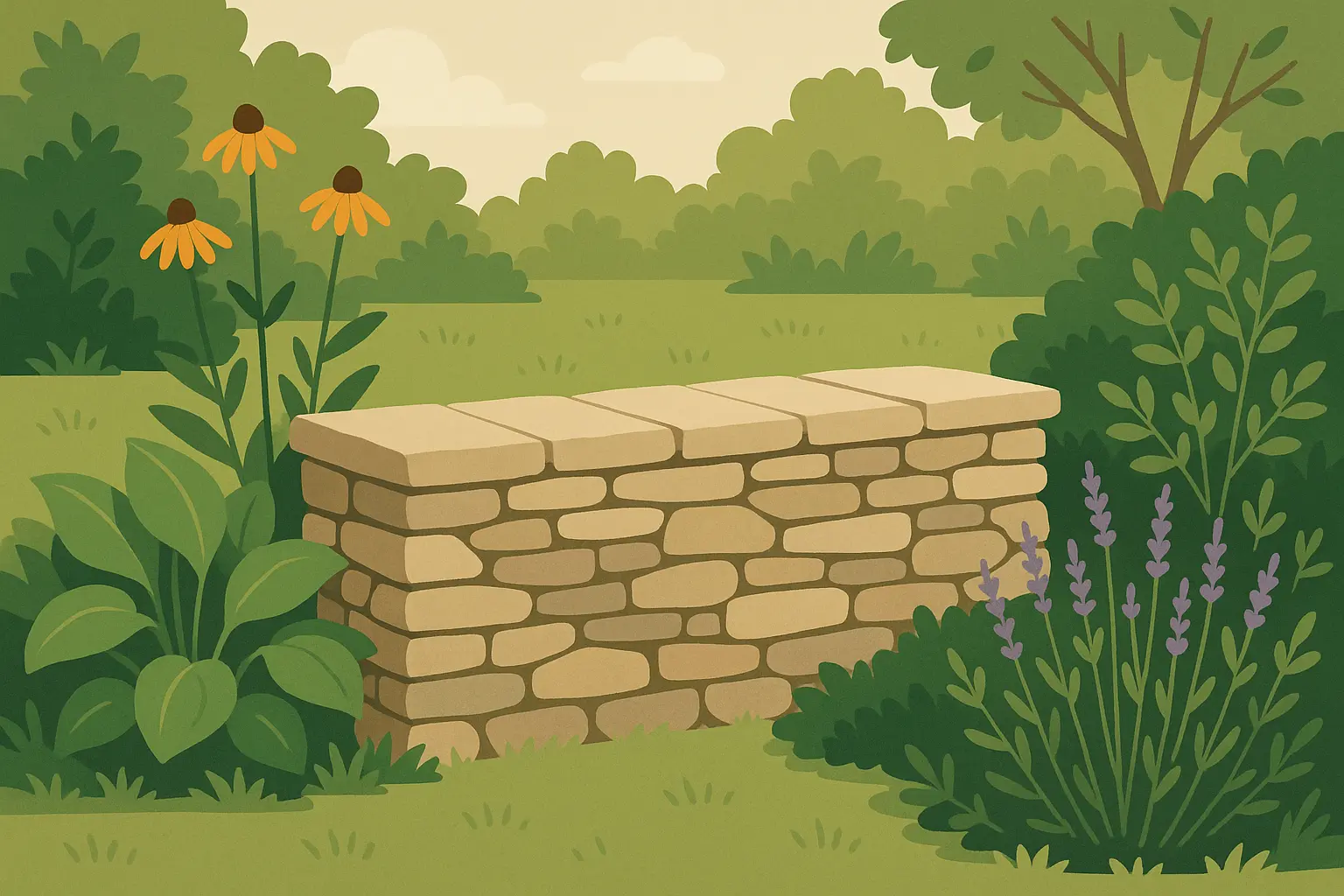 Decorative stacked stone wall in landscaping