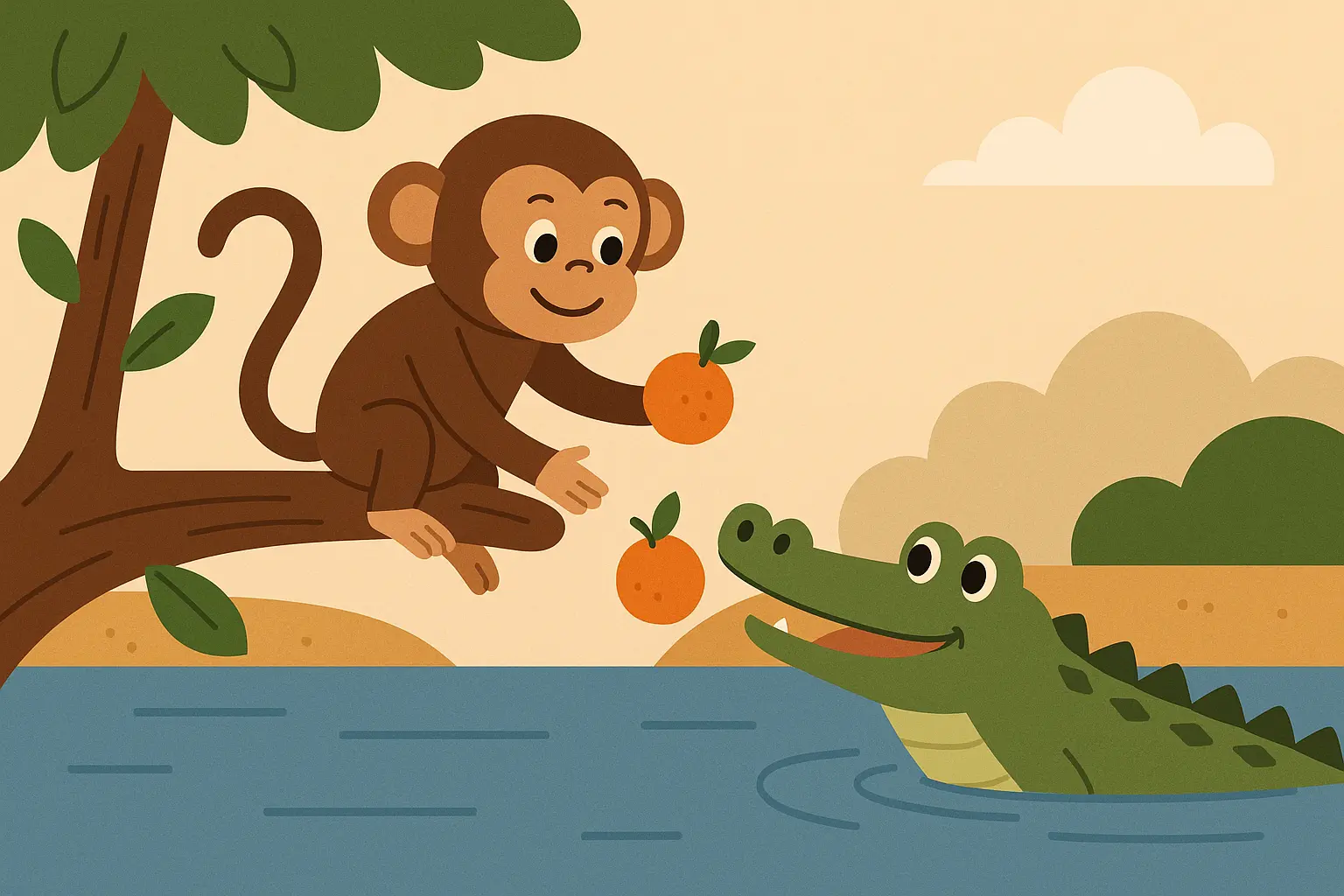 Monkey and crocodile friendship story illustration