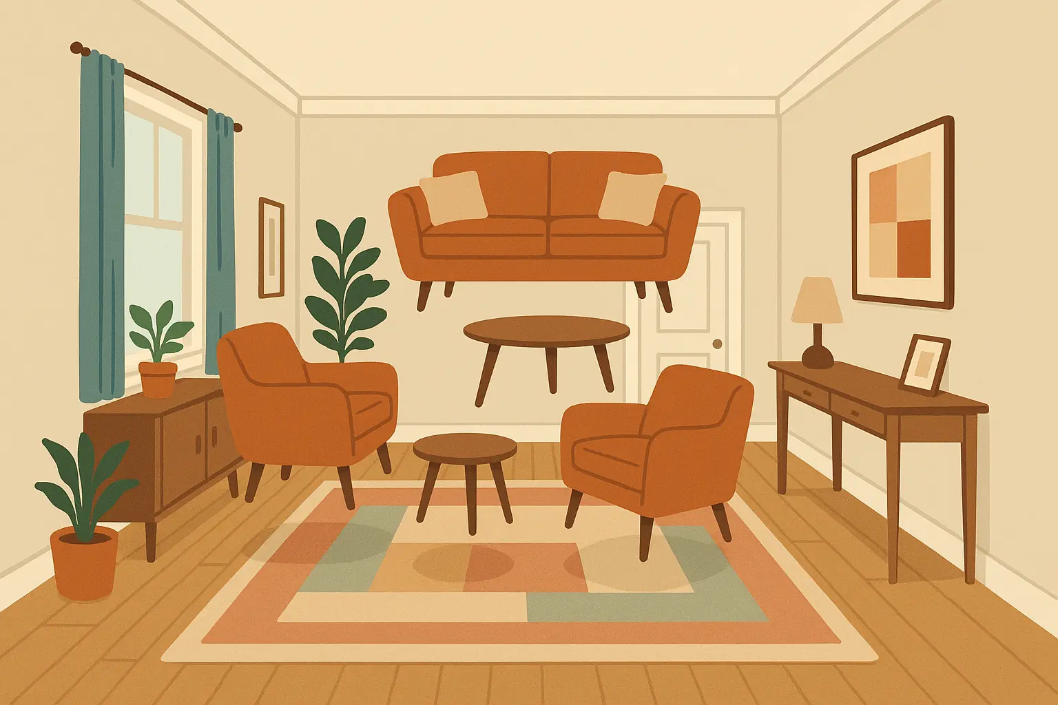 Narrow living room with dual zone furniture arrangement