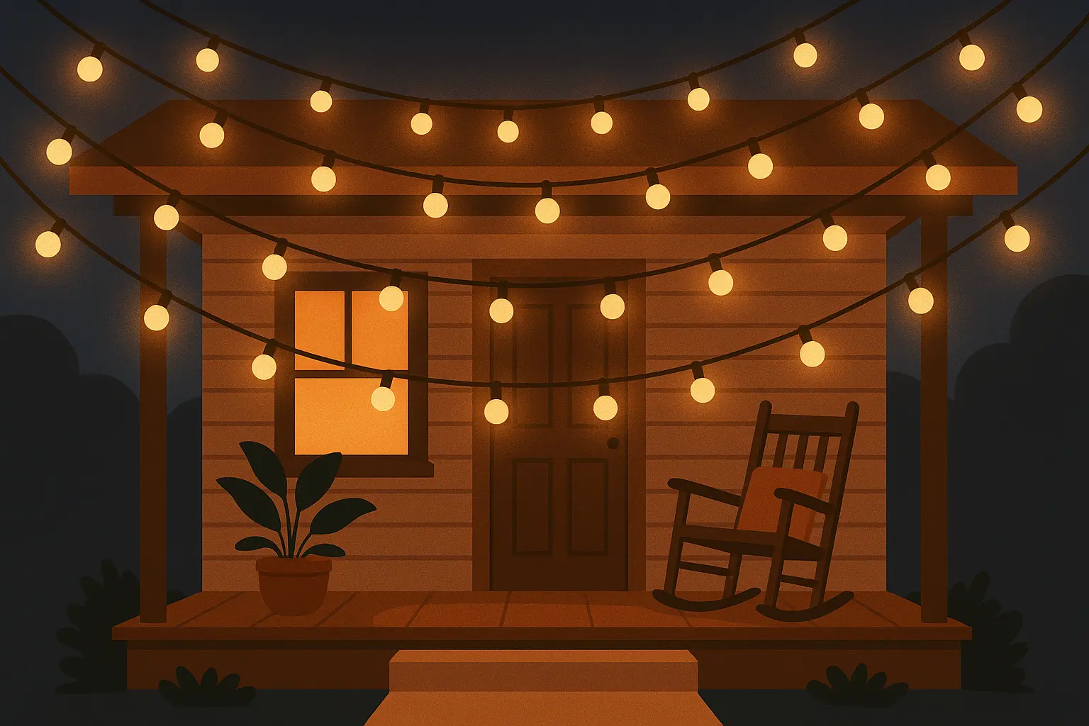String lights creating canopy effect over small front porch with warm ambiance