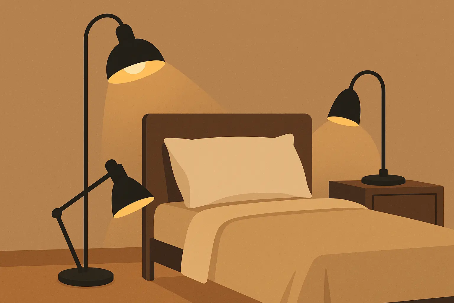 Black table lamps on nightstands