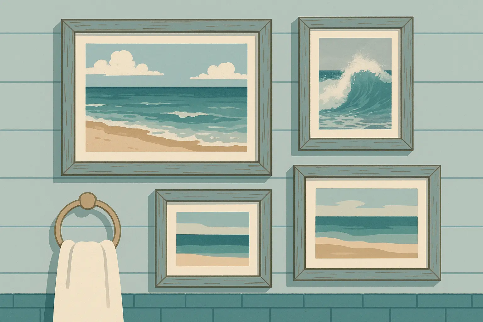 Coastal art and photography in bathroom with ocean-inspired wall decor