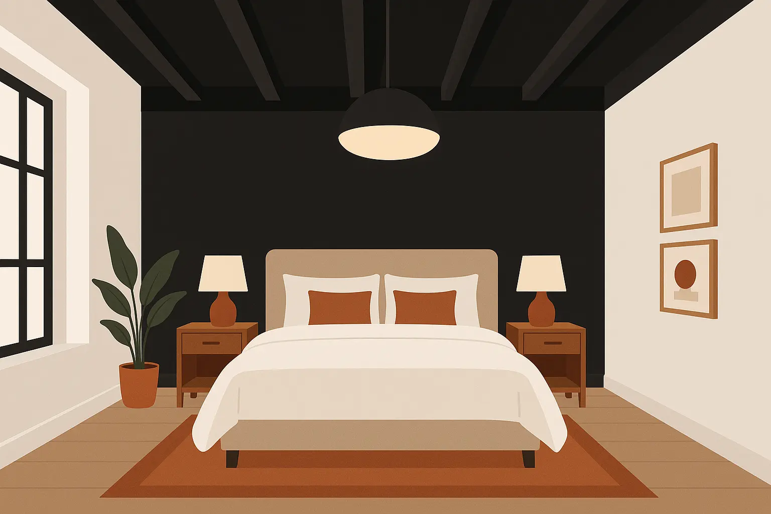 Black ceiling treatment in modern bedroom