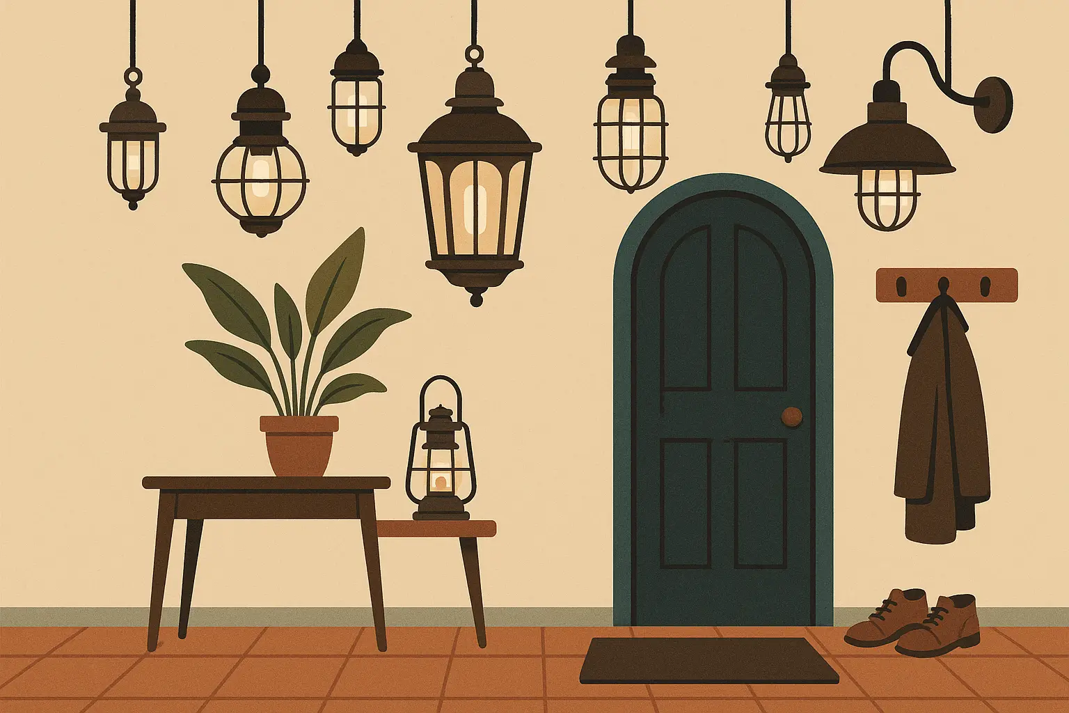 Vintage industrial light fixtures in entryway