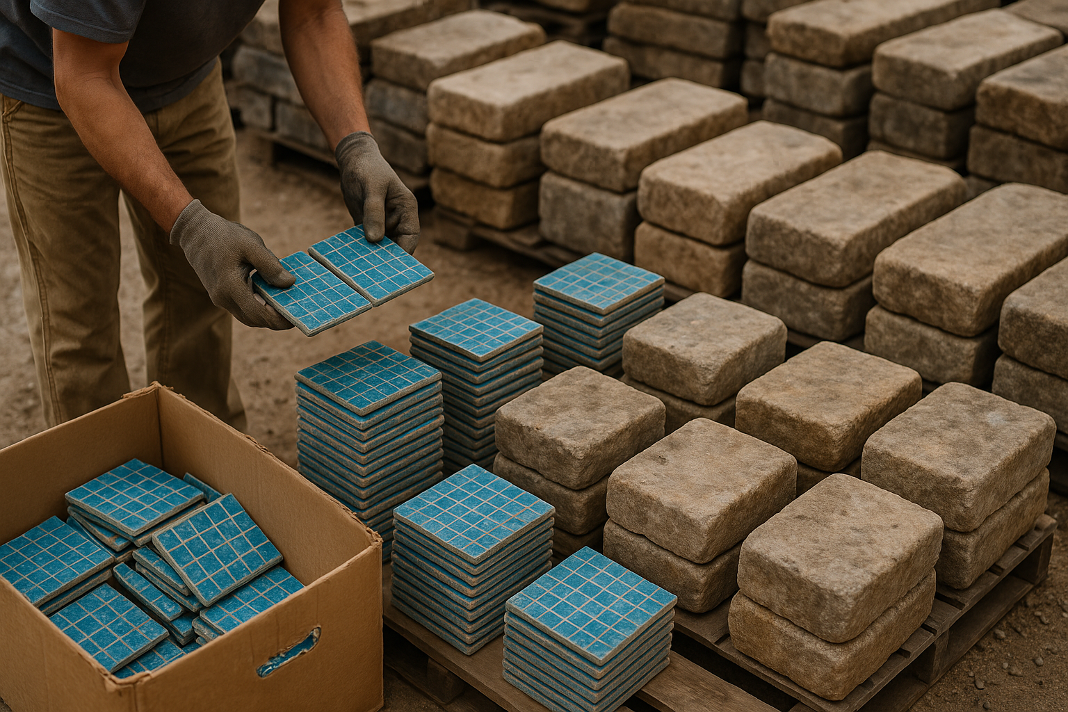 Vintage pool tiles and stone coping salvage