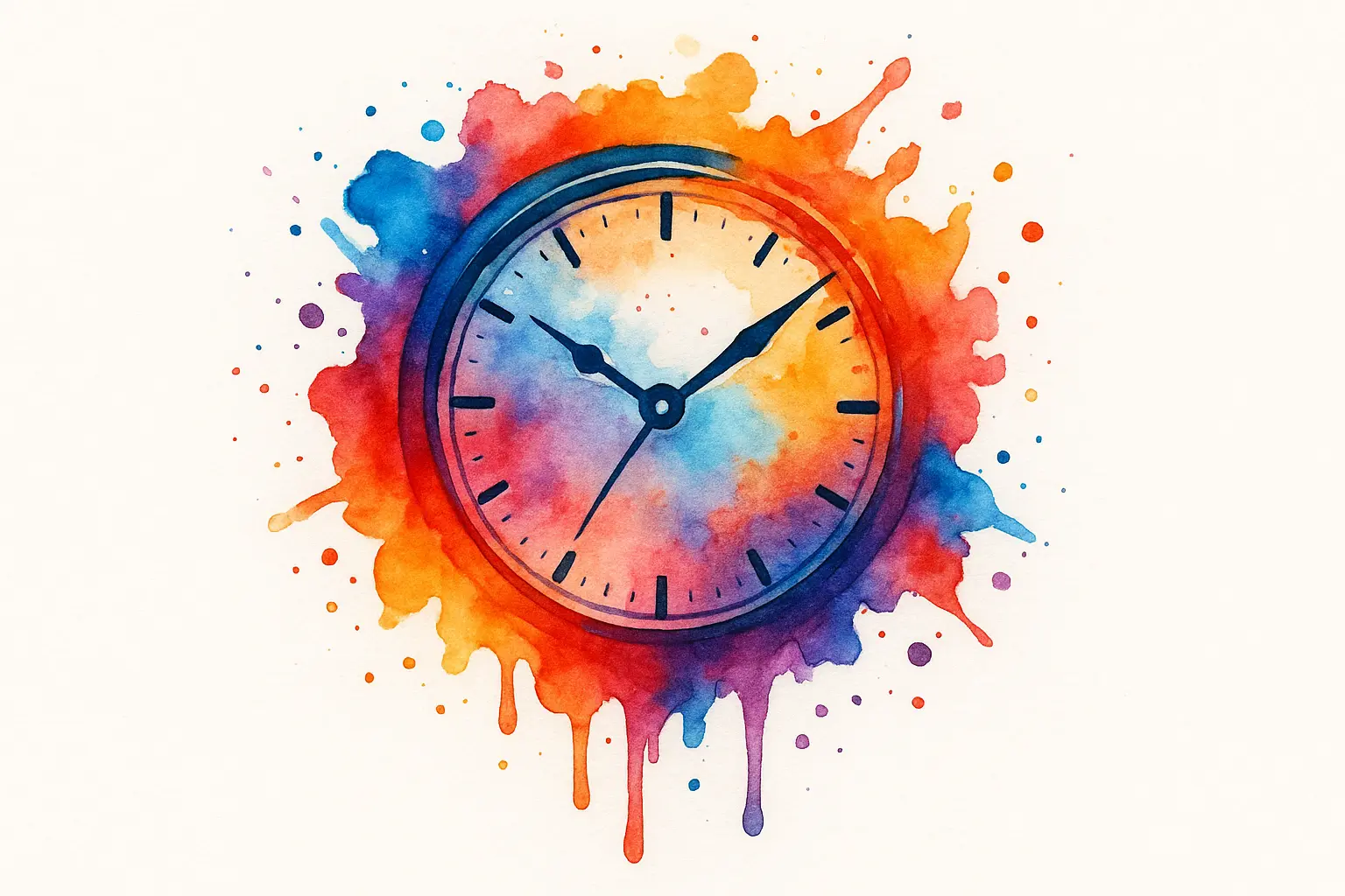 Watercolor clock splash tattoo with vibrant flowing colors