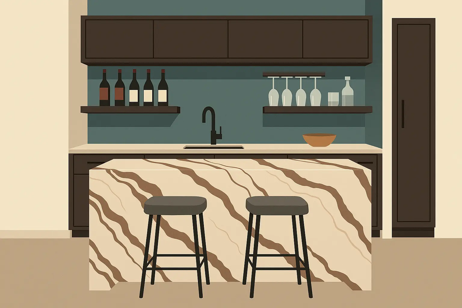 Waterfall countertop modern wet bar design