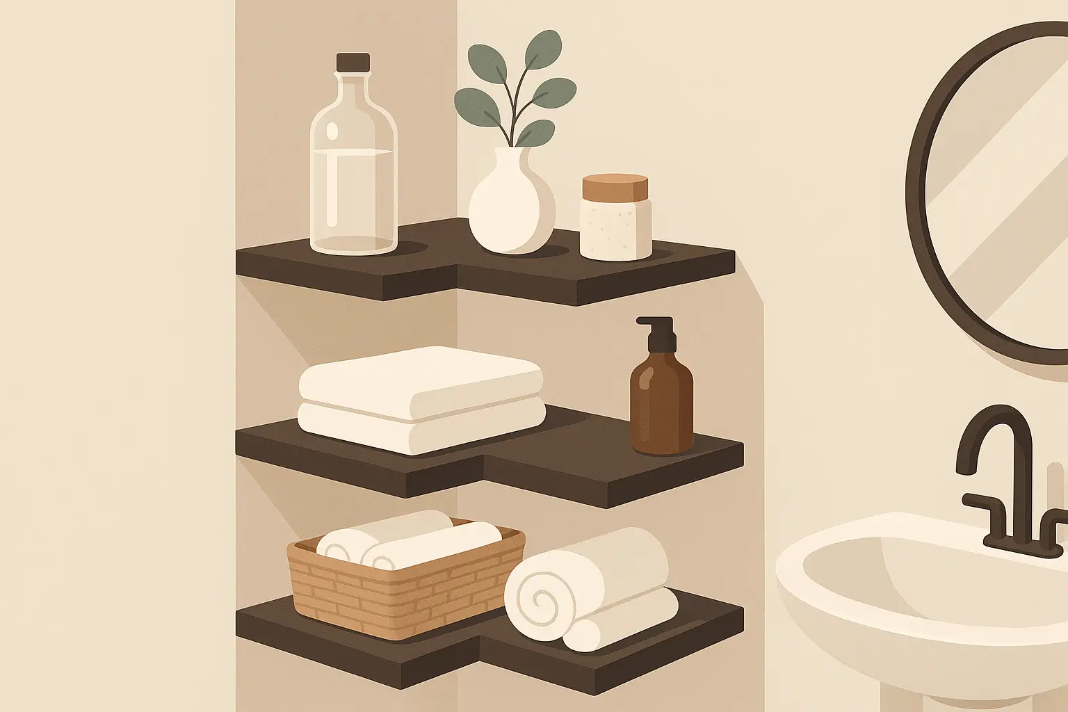 Floating corner shelves in small powder room maximizing vertical storage space