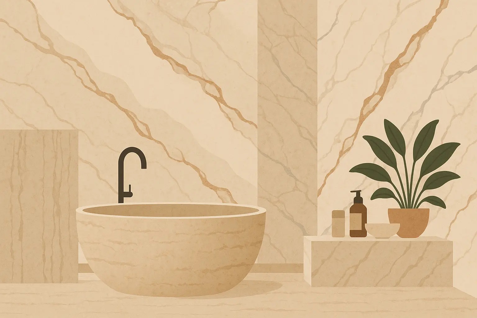 Natural stone bathroom surfaces creating spa atmosphere