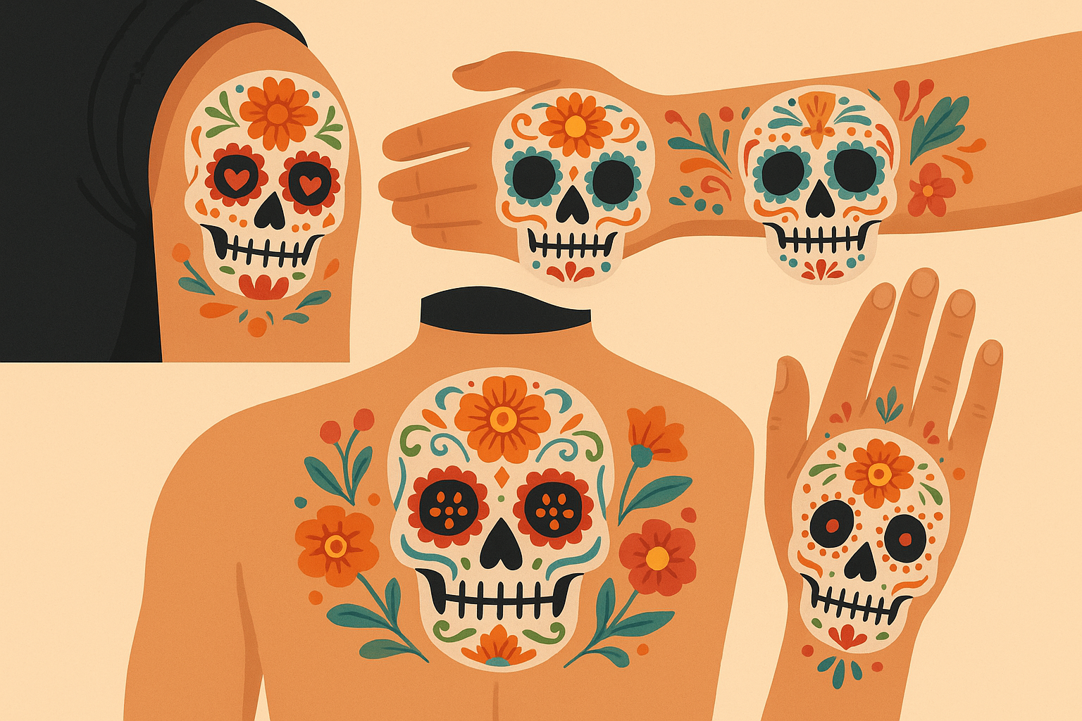 Colorful sugar skull tattoo design with floral elements