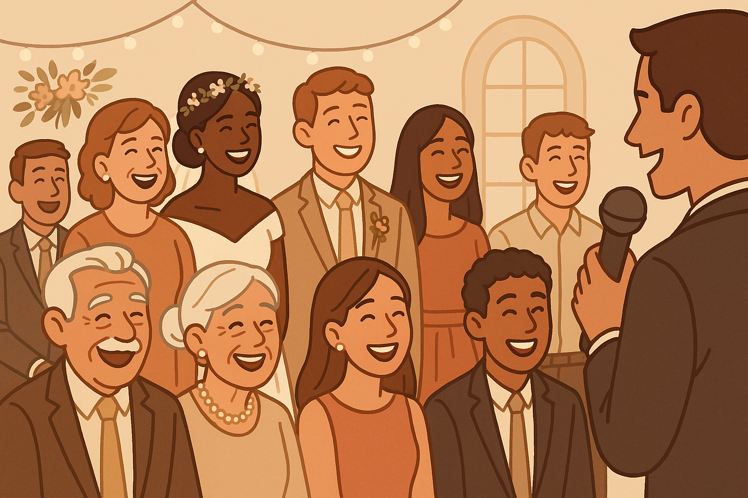 Wedding guests laughing during best man speech