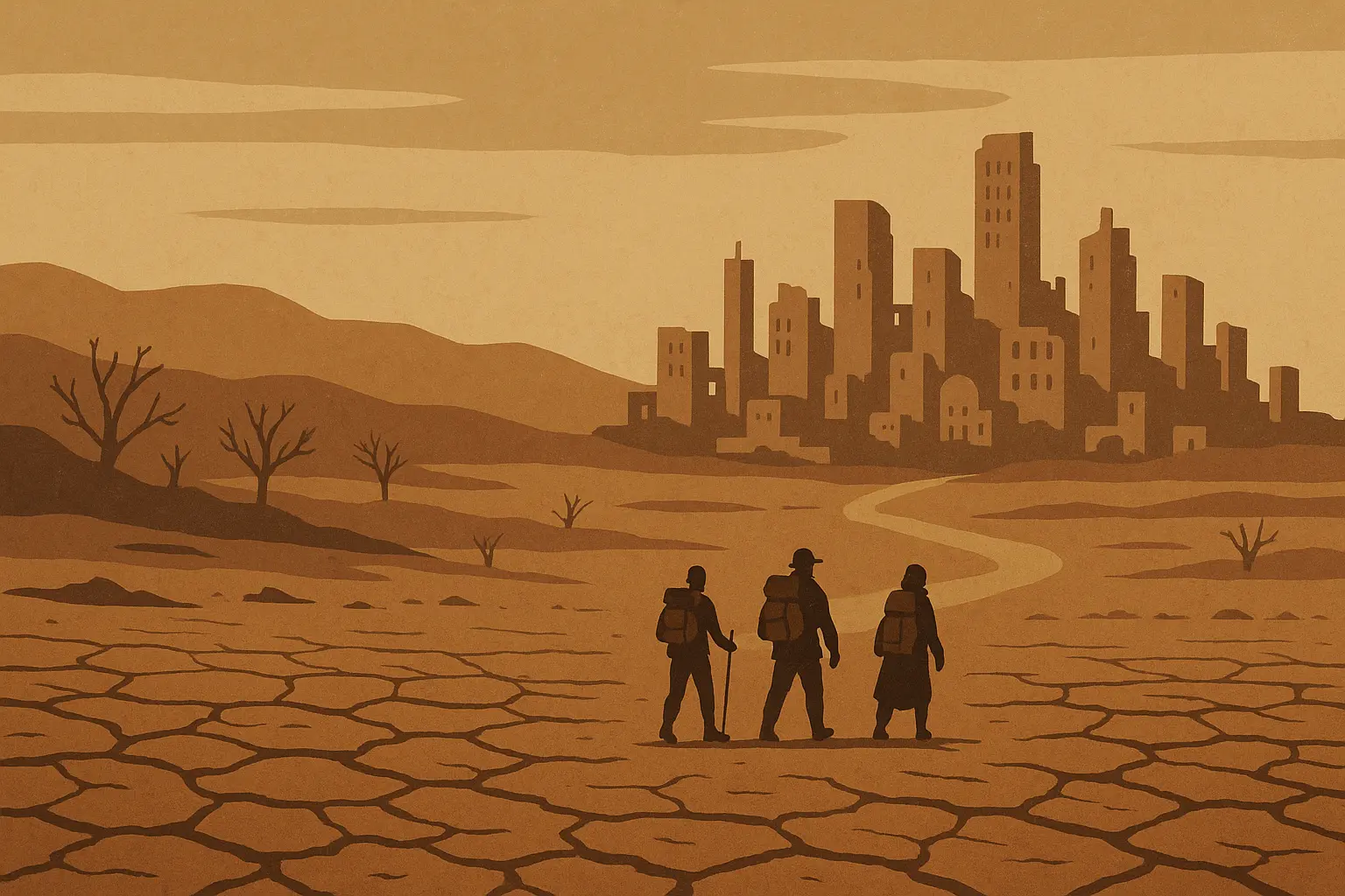 Barren wasteland with dead trees and polluted sky