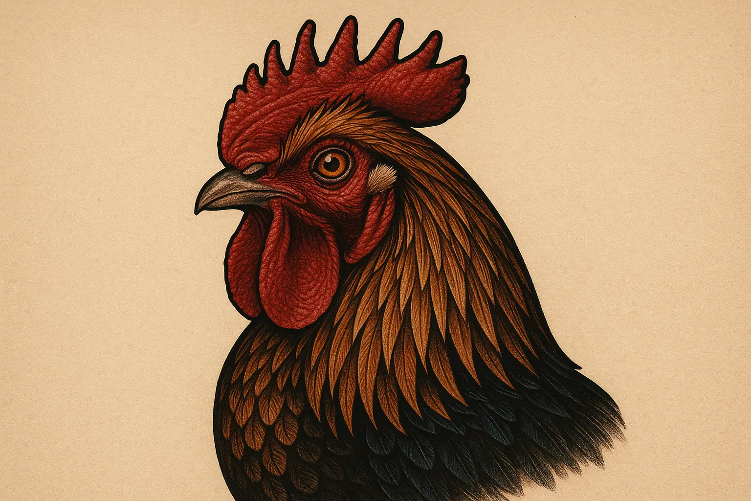 Photorealistic rooster portrait tattoo with detailed feathers