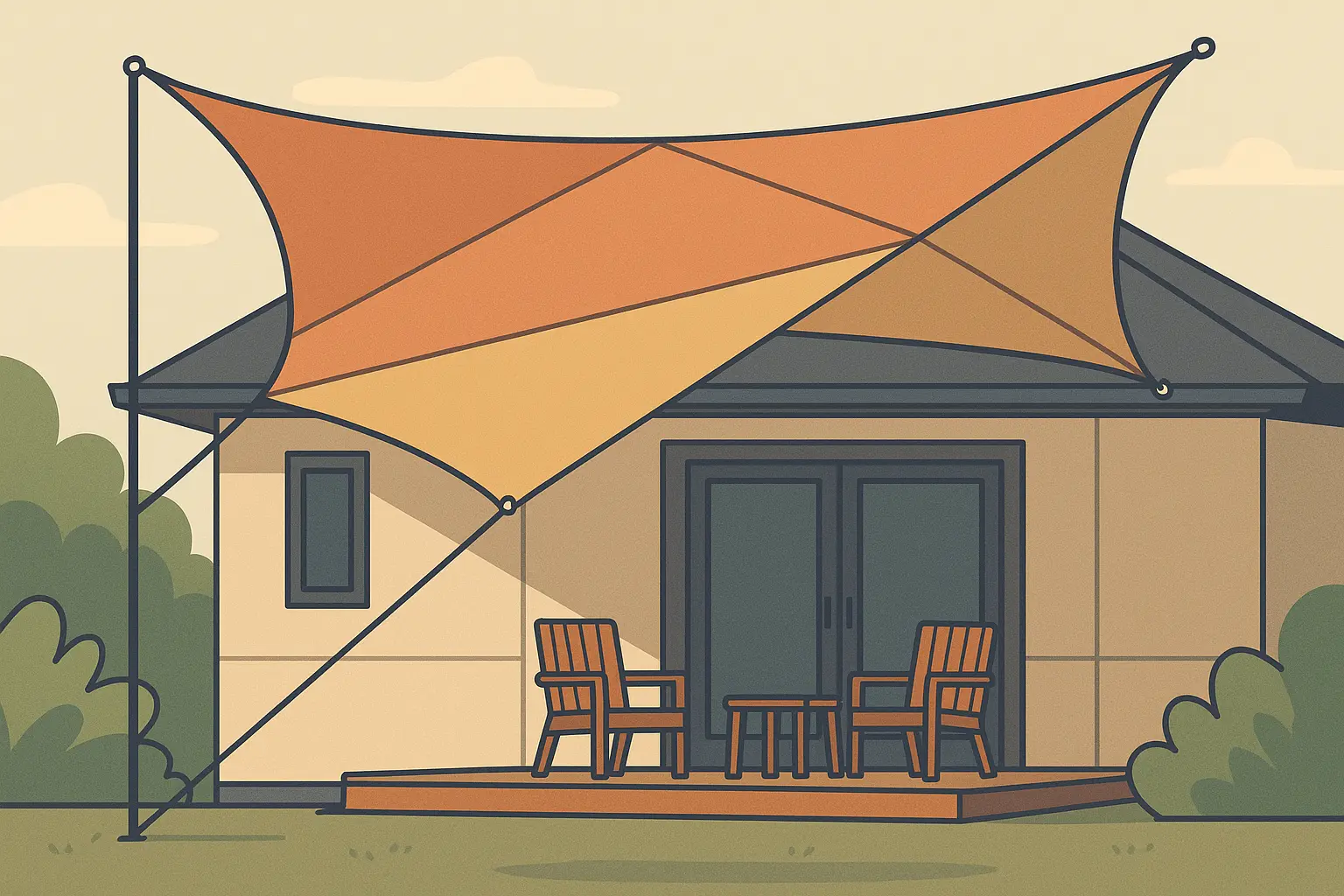Modern sail shade system for back porch