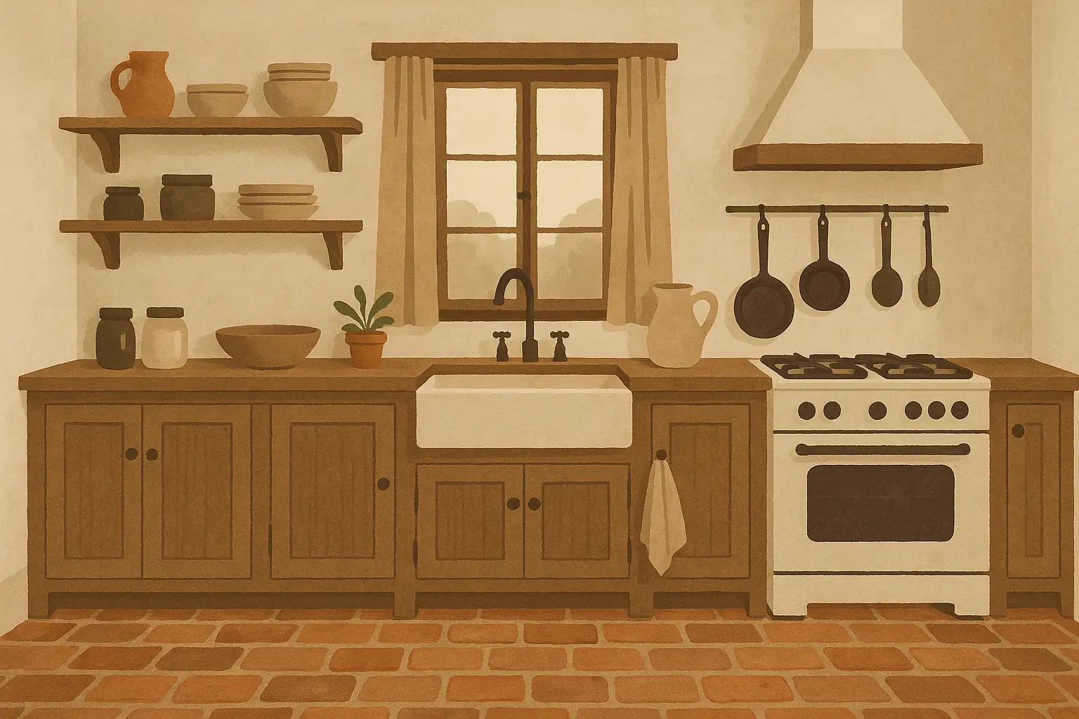 Traditional brick flooring in rustic interior setting