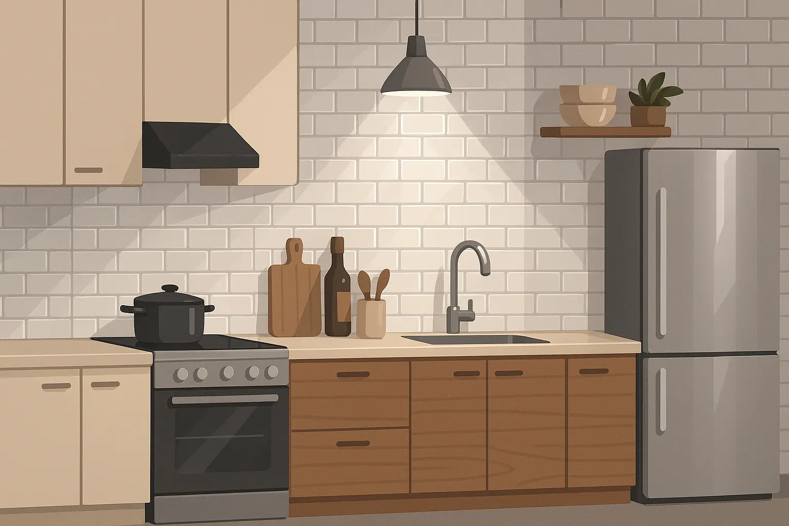 Reflective surfaces in galley kitchen
