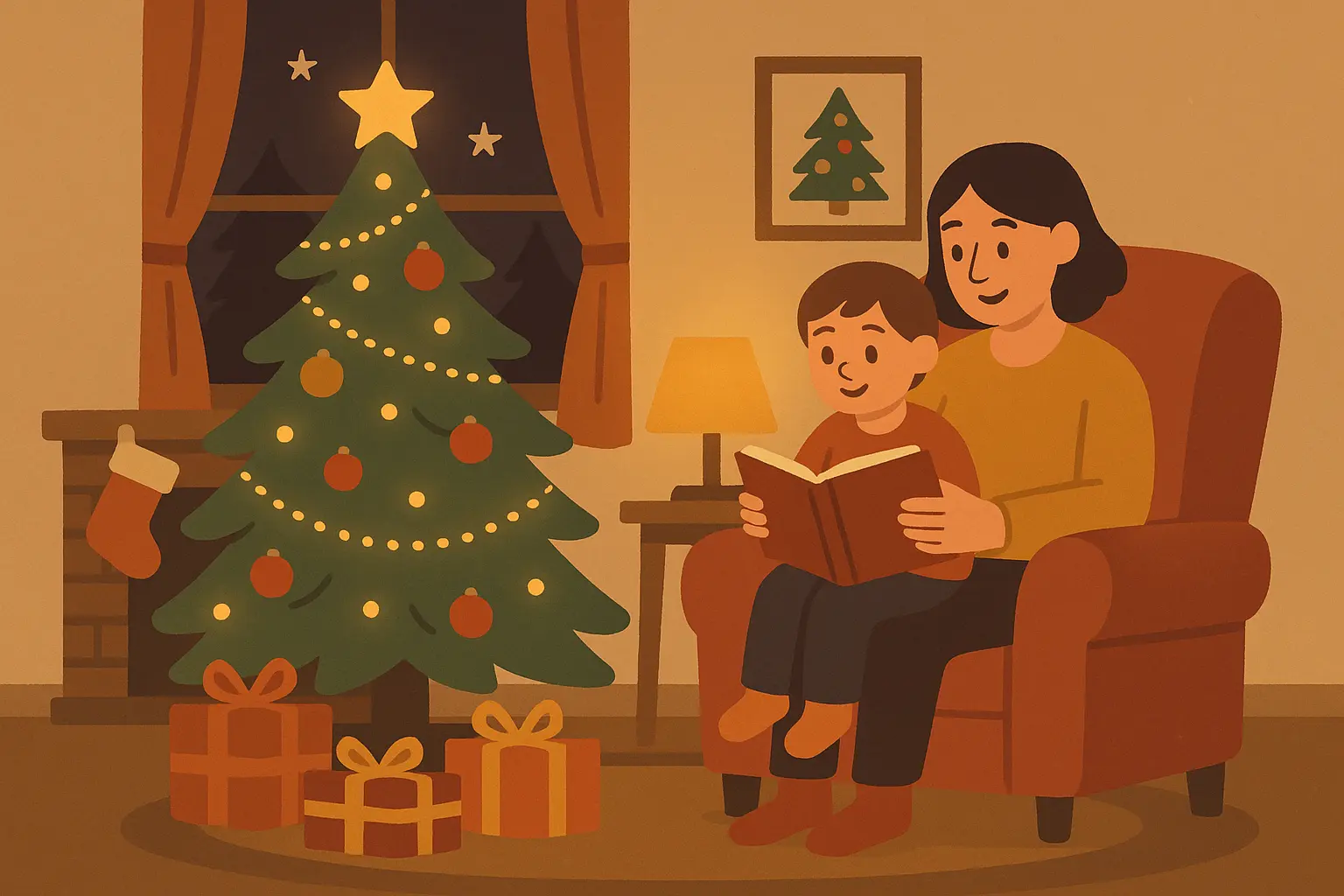 Christmas bedtime stories collection with festive books and cozy reading setup