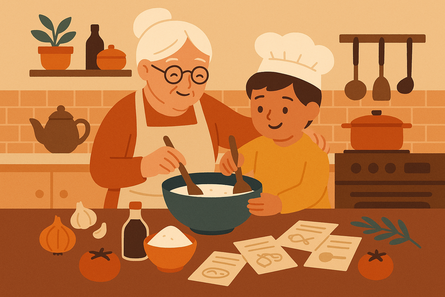 Grandmother and child cooking traditional recipe together