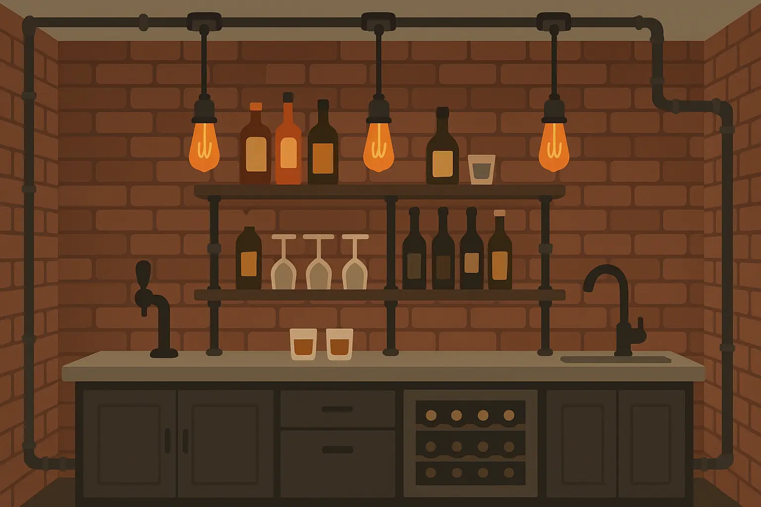 Industrial chic basement wet bar with exposed brick