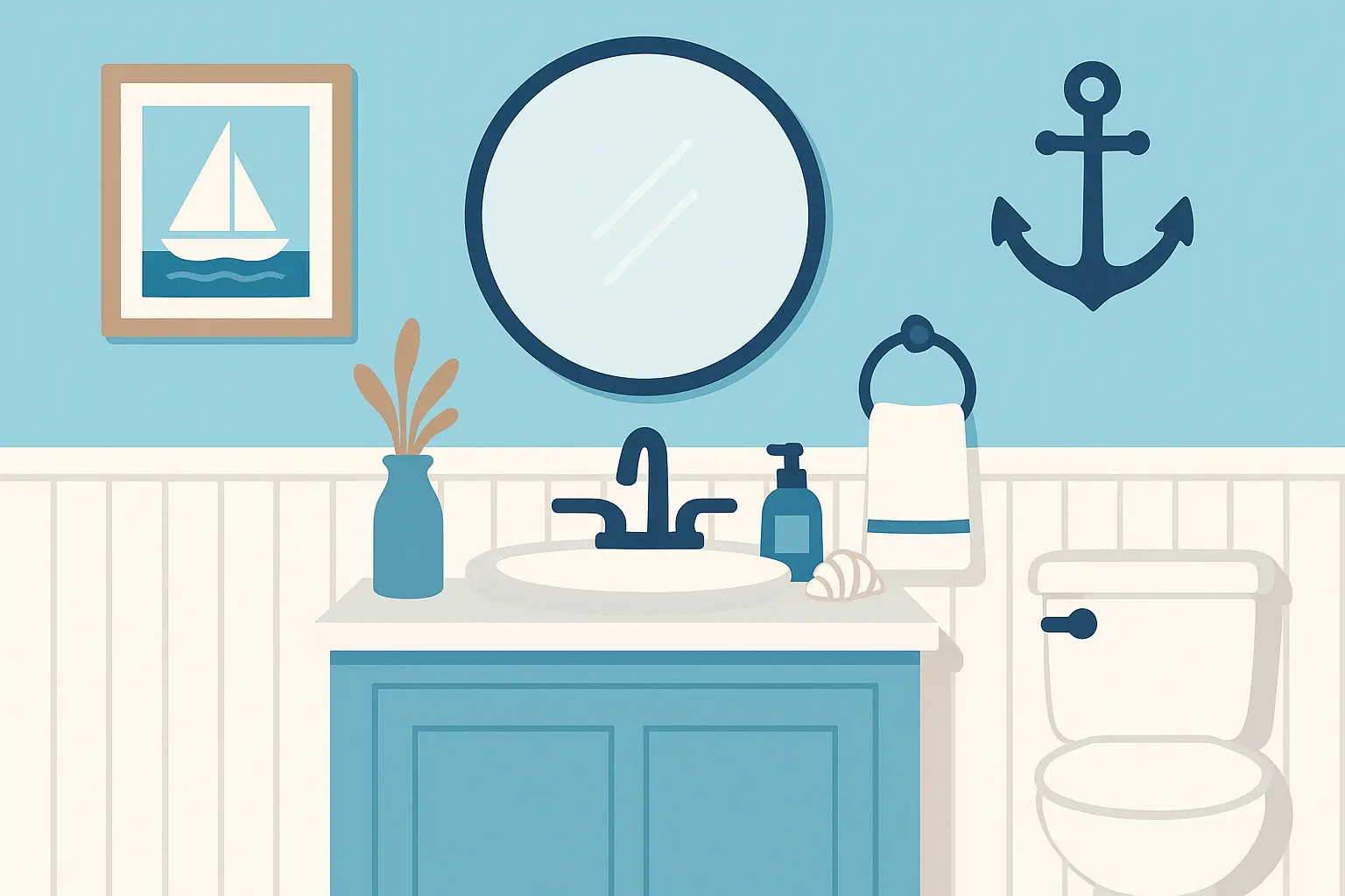 Coastal retreat powder room with light blues whites and natural textures