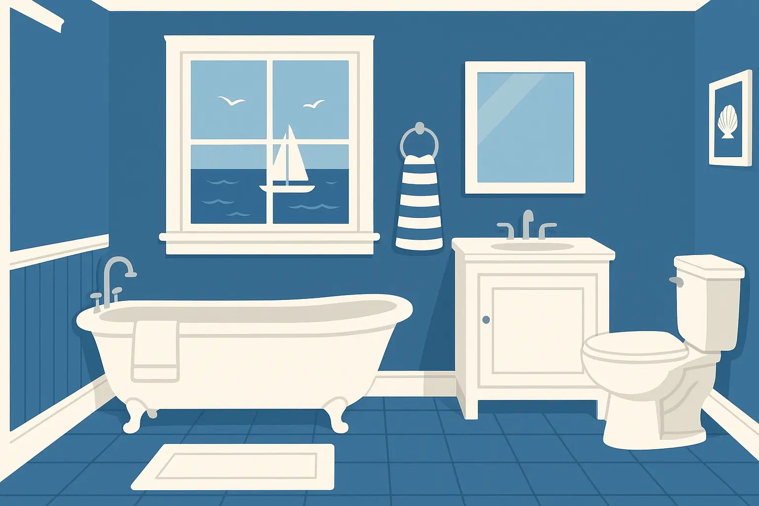 Classic blue and white coastal bathroom with ocean-inspired color scheme