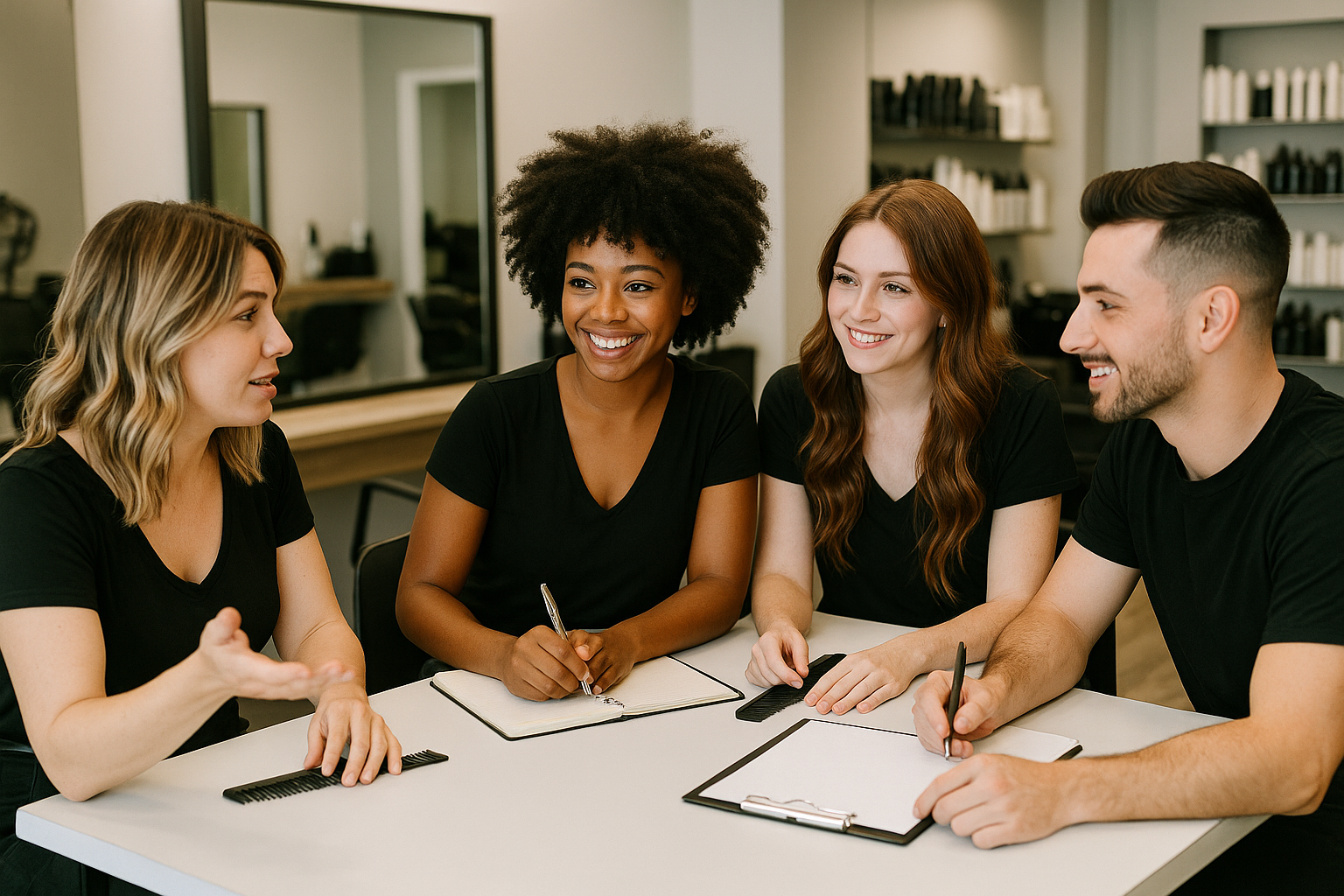 Hairstylists collaborating in professional salon environment