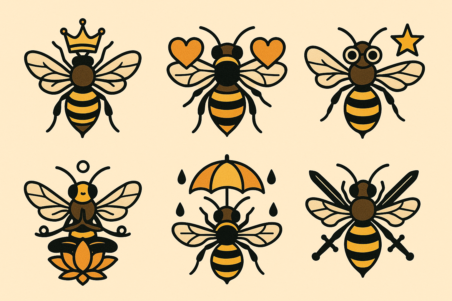Various bee tattoo designs showing different psychological symbolism