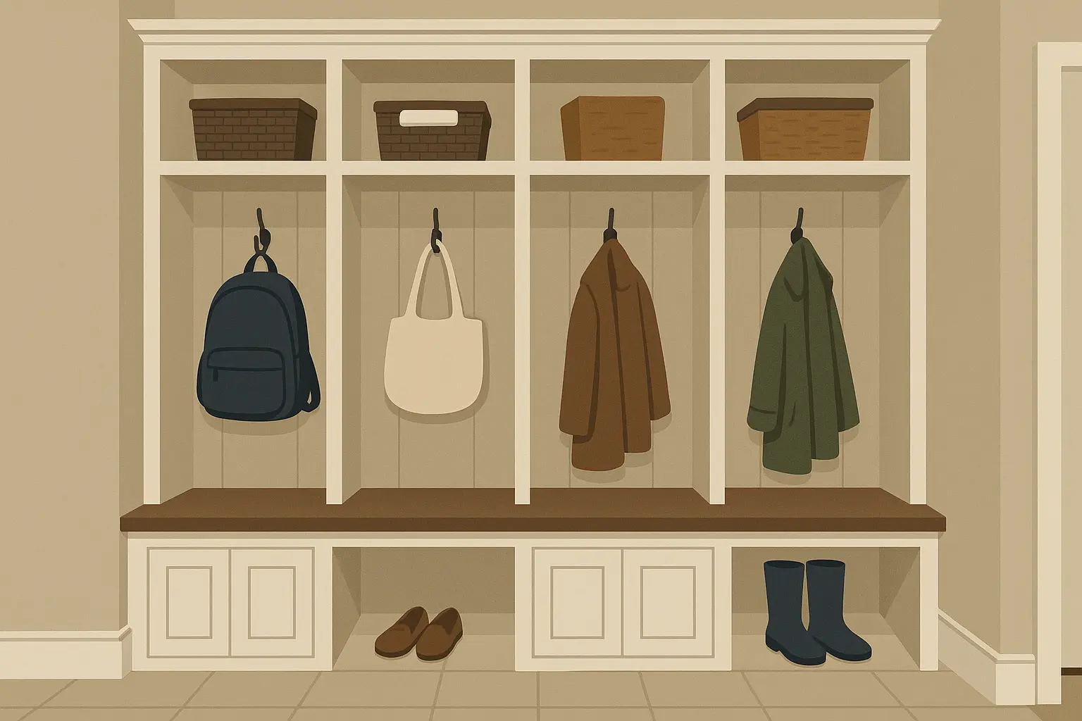 Built-in mudroom lockers in entryway