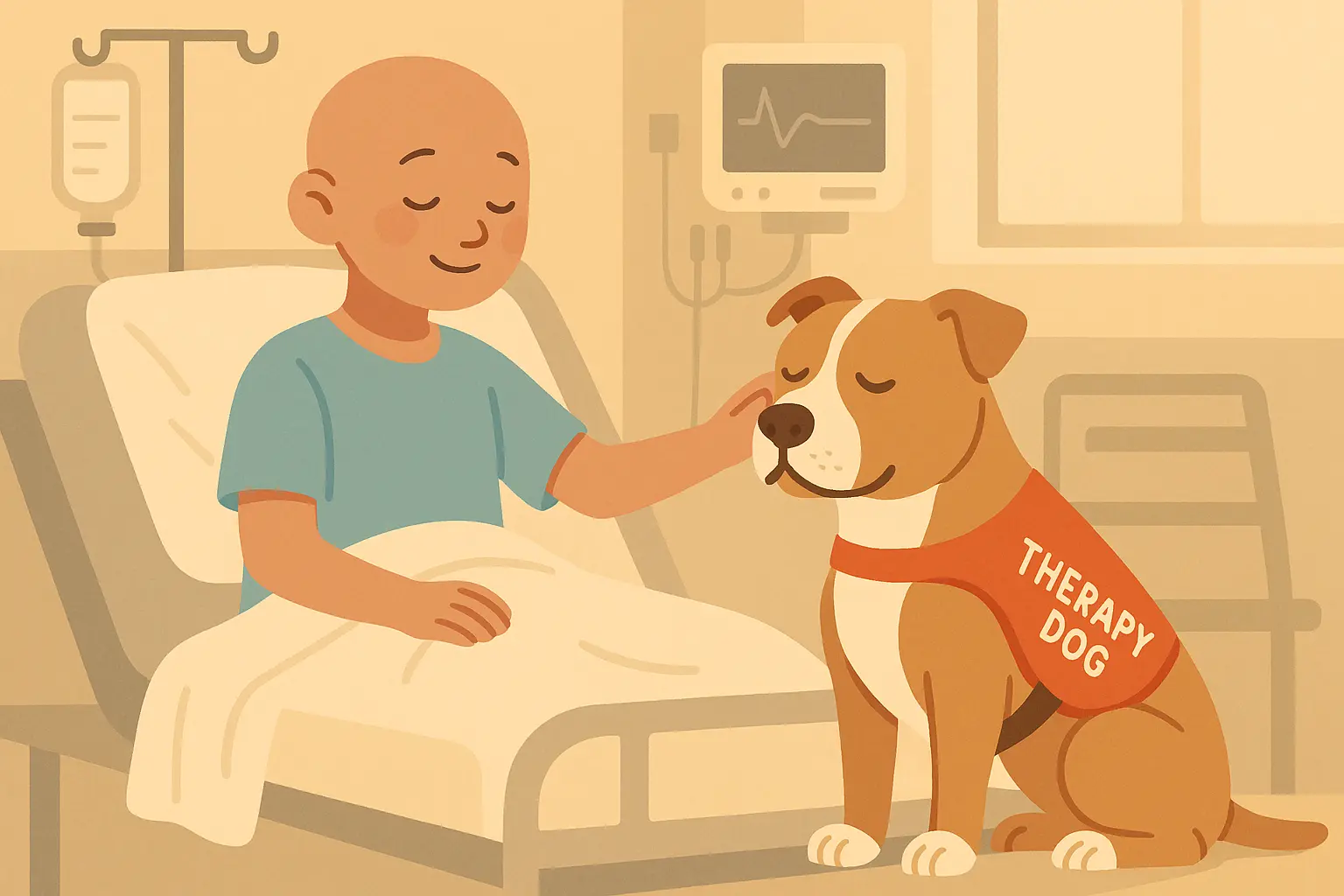 Therapy dog Bruno helping young burn victim Emma in hospital room