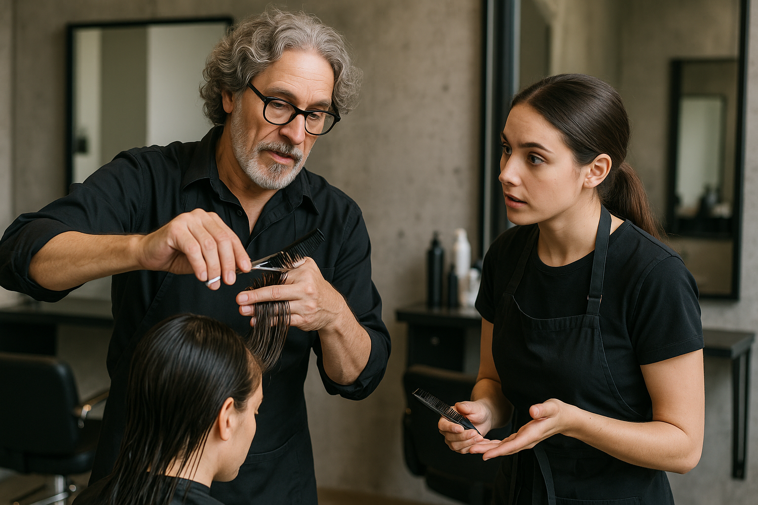 Mentor teaching apprentice hair styling techniques