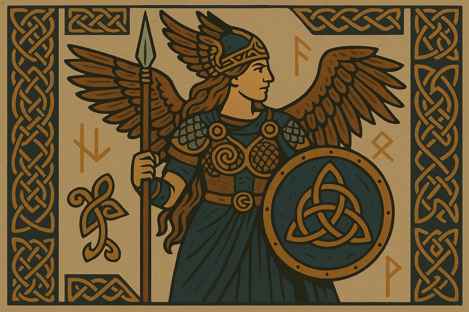 Traditional Norse style valkyrie tattoo with authentic elements