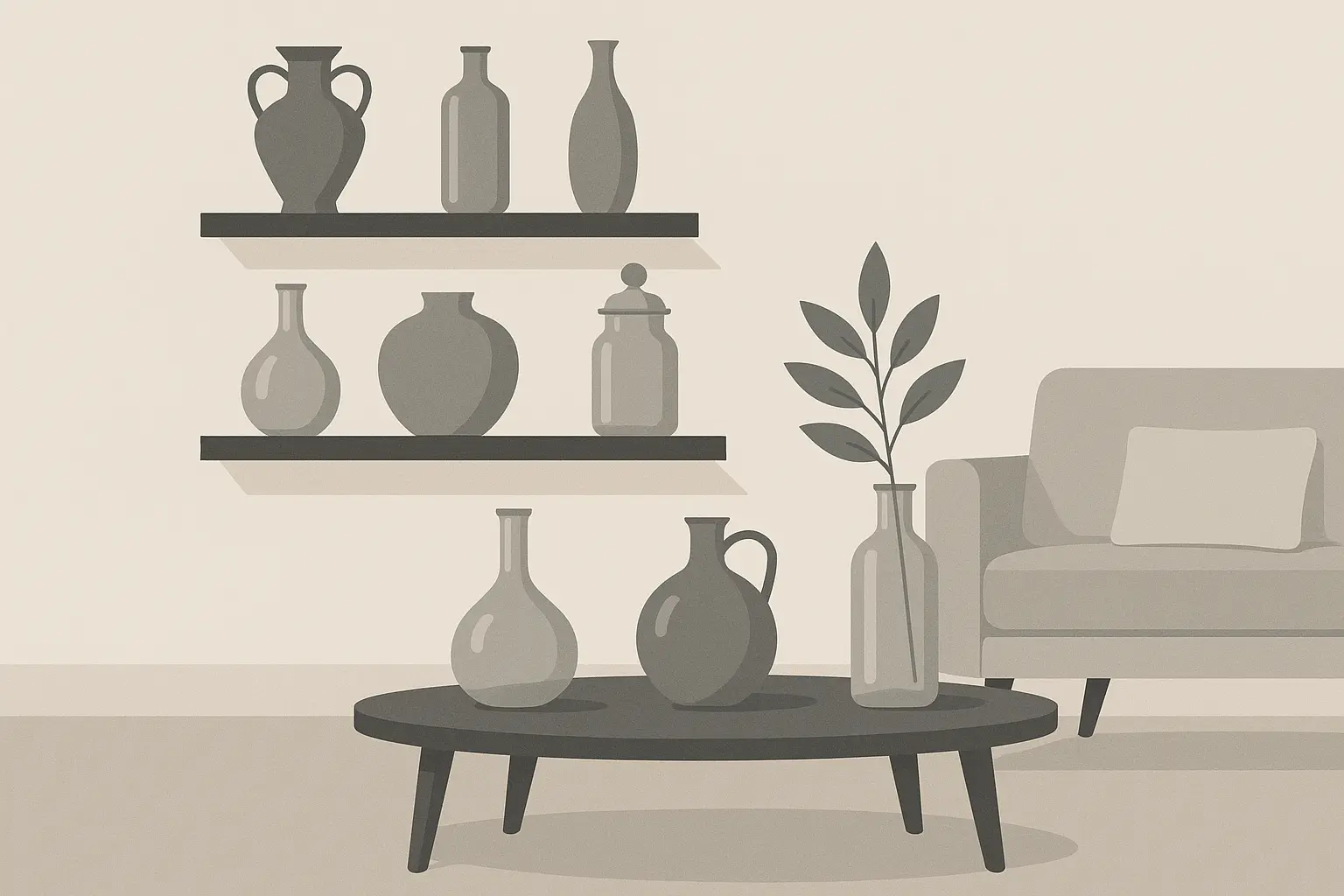 Grey ceramic and glass accessories adding sophisticated touches