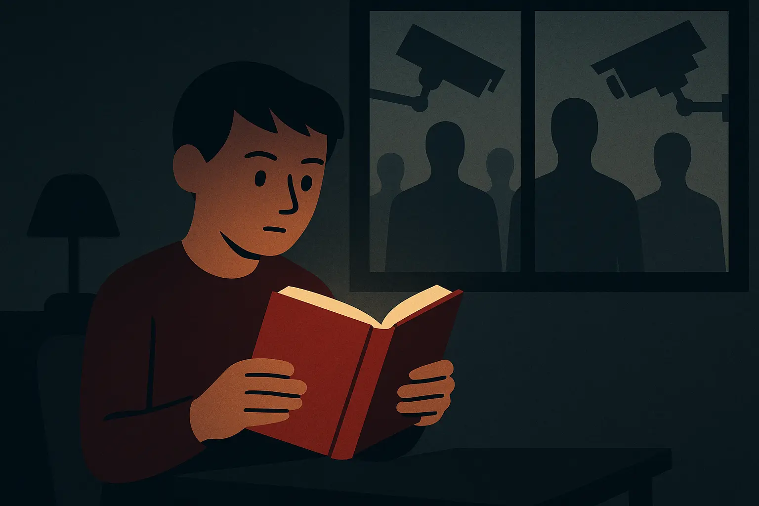 Stack of dystopian books with dark atmospheric lighting