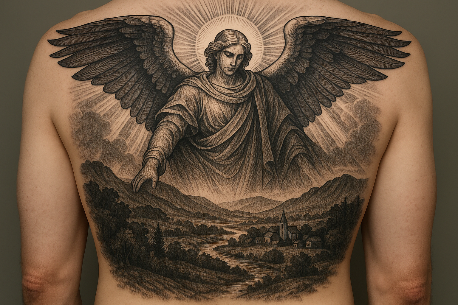 Guardian angel archangel back piece tattoo