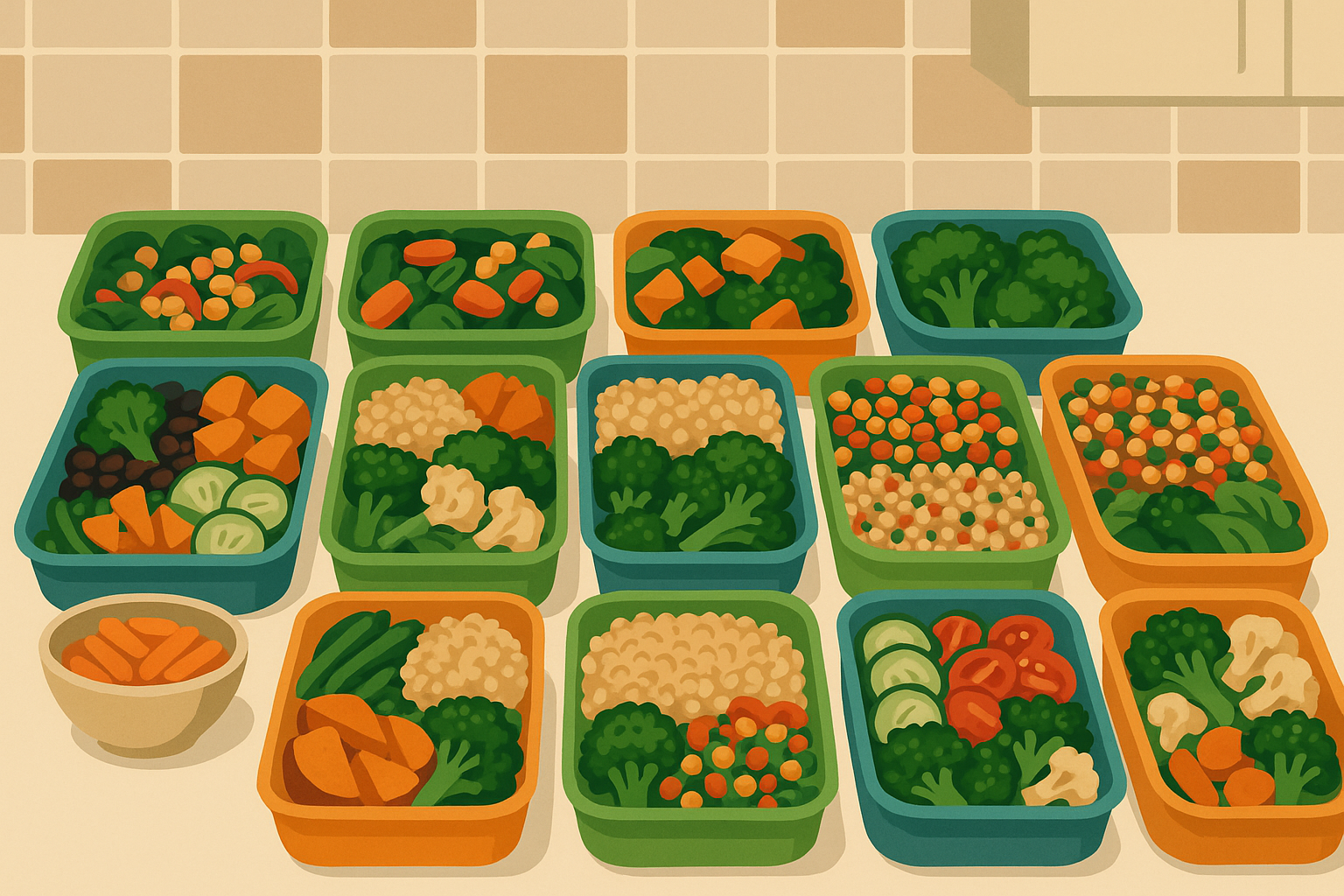 Variety of plant-based protein sources arranged in colorful bowls