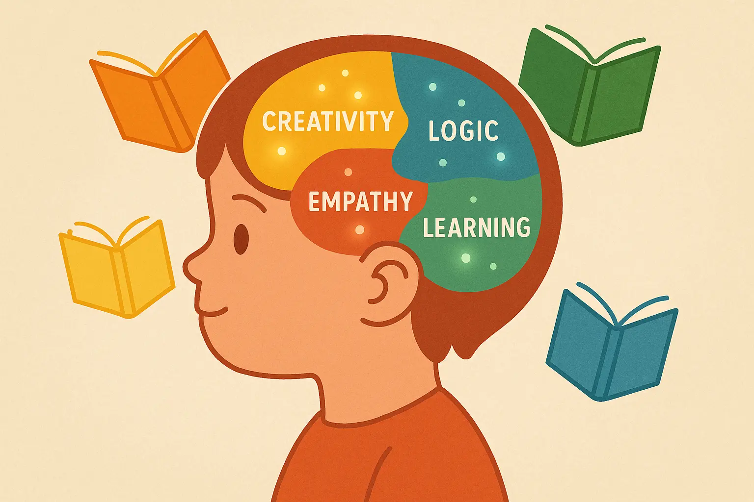 Children engaged in reading showing developmental benefits of age-appropriate stories