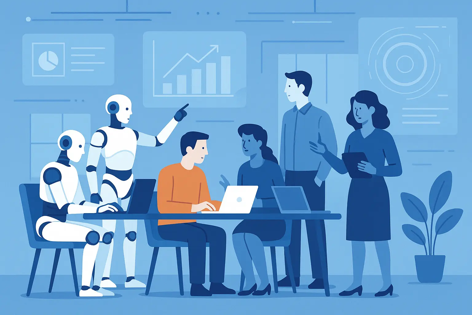 Humanoid robot contemplating in futuristic setting