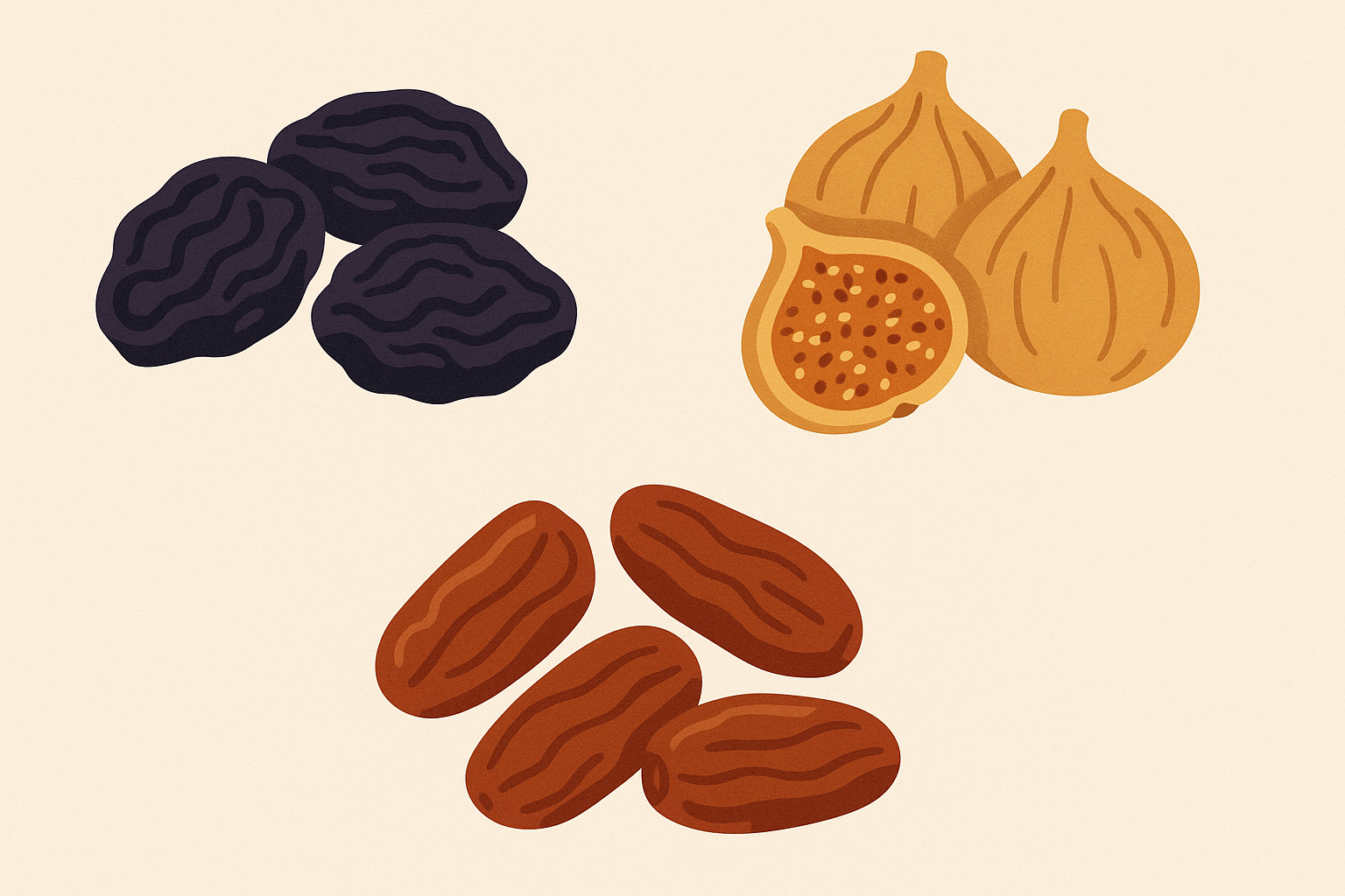 Assorted dried fruits including prunes, figs, and dates