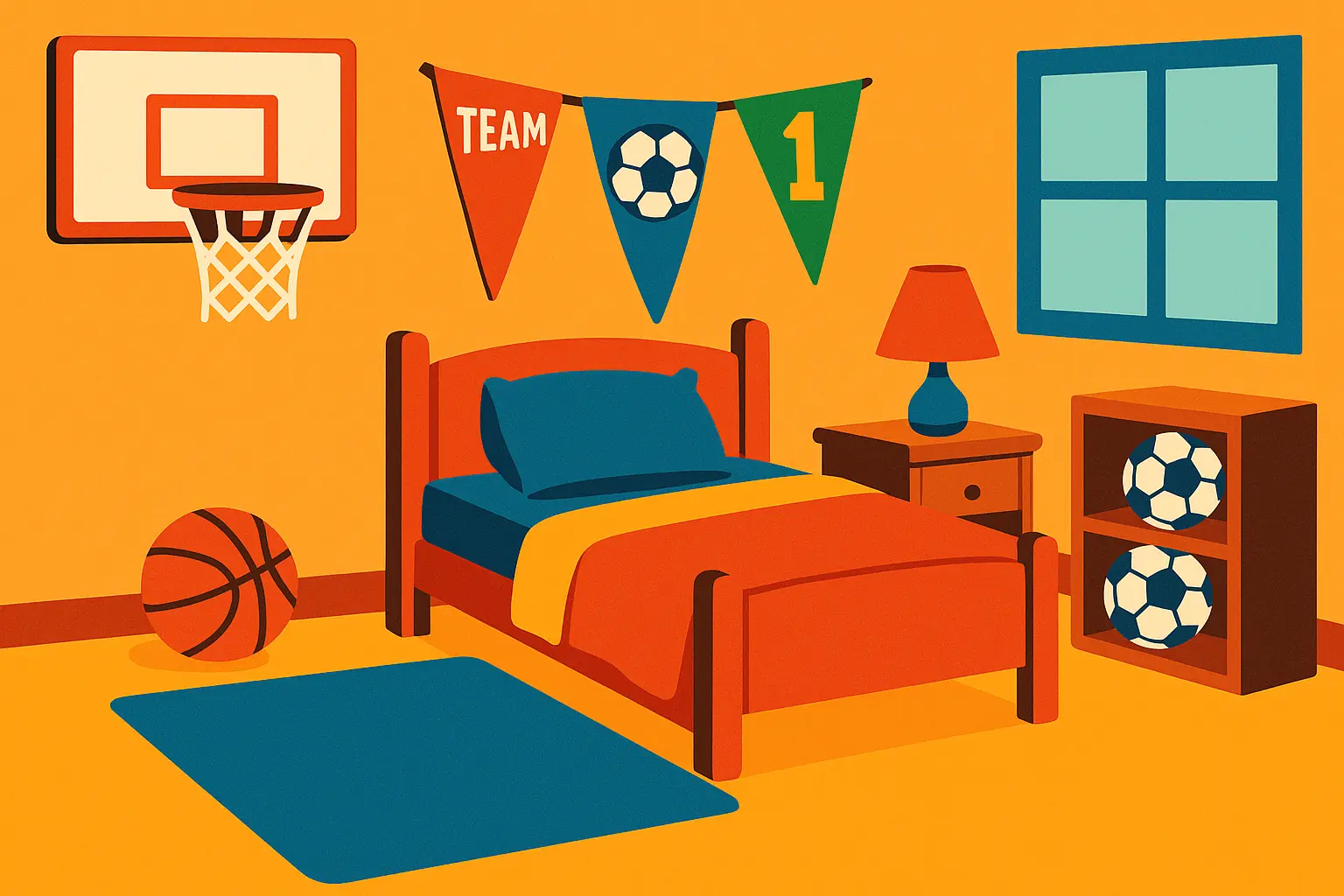 Sports-themed boy's bedroom with athletic equipment storage