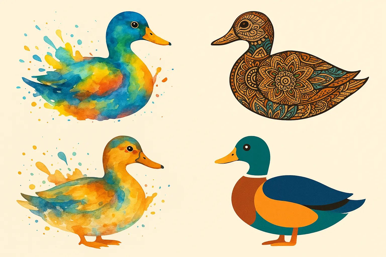 Artistic watercolor duck tattoo with flowing paint effects and vibrant colors