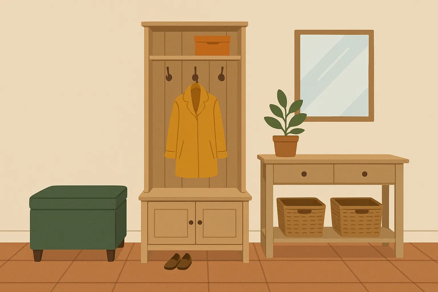 Multi-purpose furniture in compact mudroom
