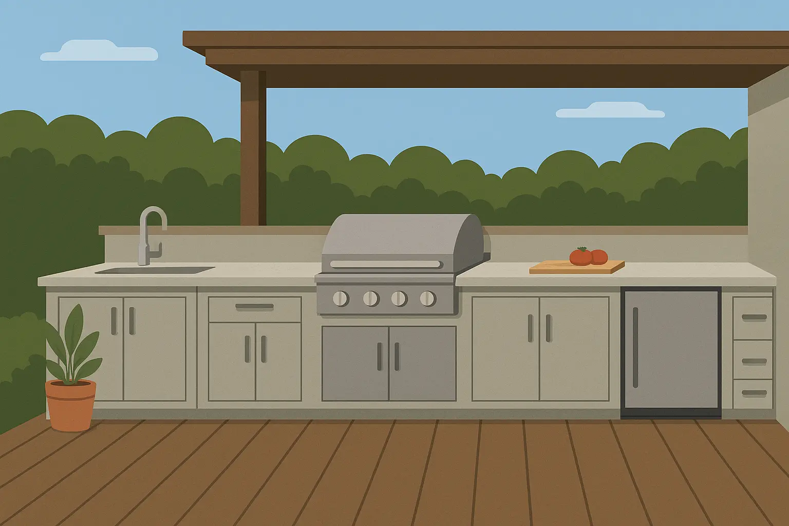 Outdoor kitchen integrated deck design