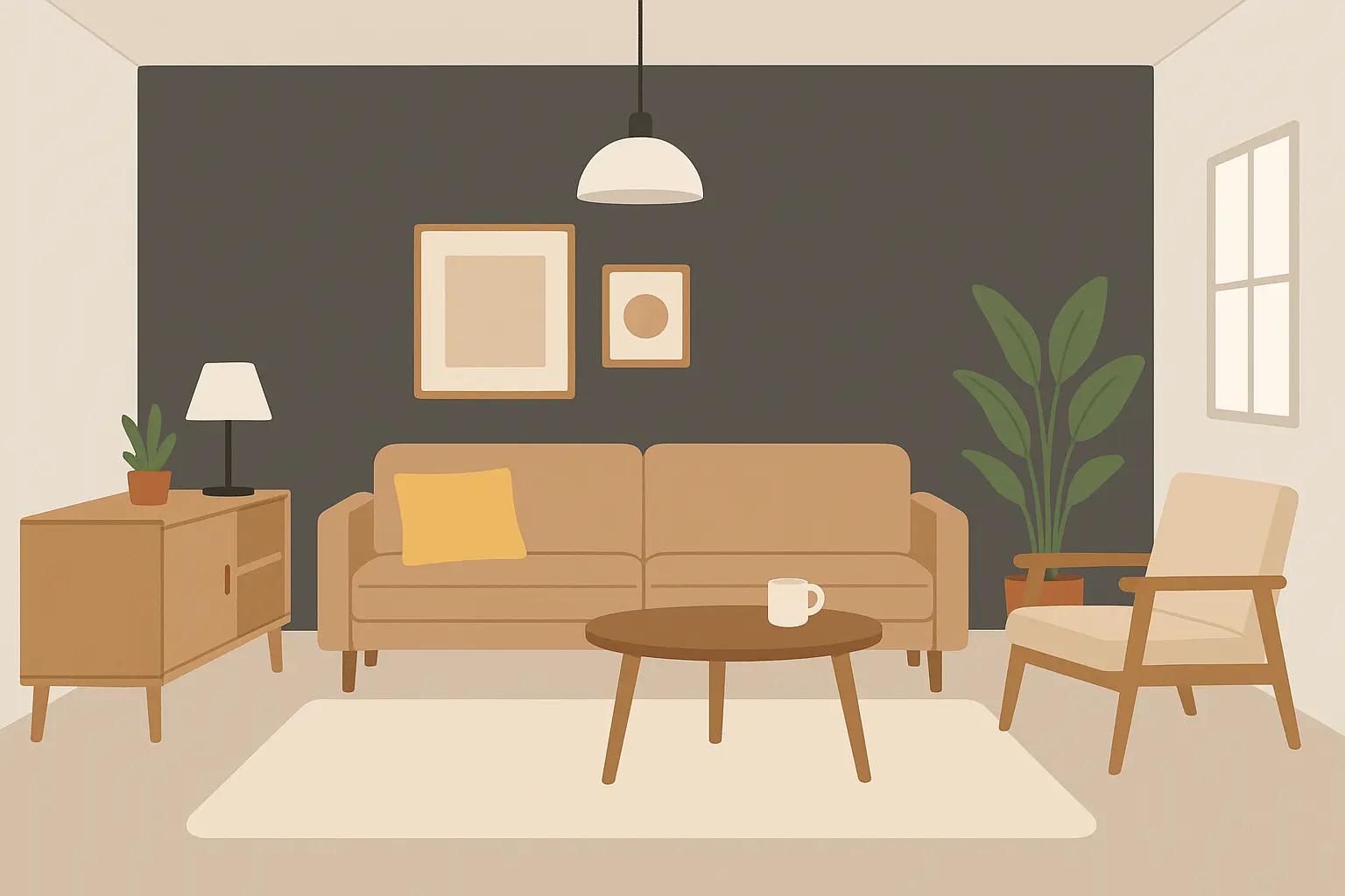 Charcoal accent wall creating dramatic focal point in grey living room