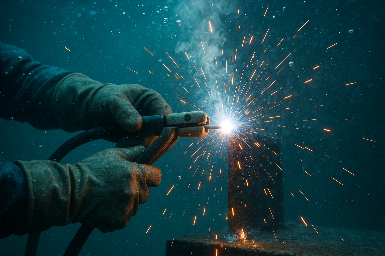 Underwater welder hands working in cold water