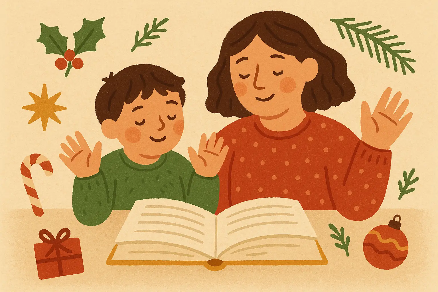 Children engaging with interactive Christmas story elements in a cozy bedtime setting